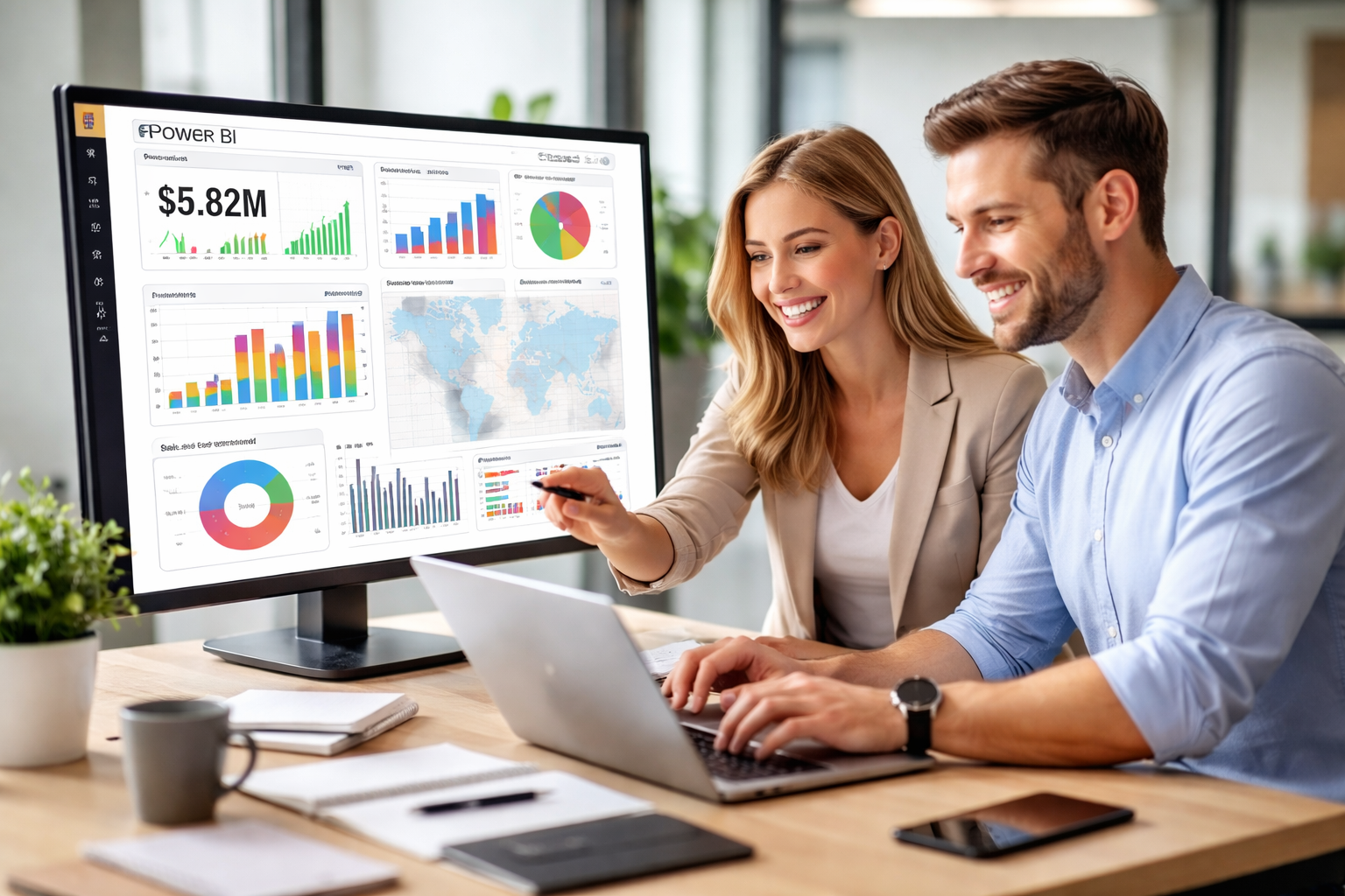 Power BI professionals collaborating on dashboards